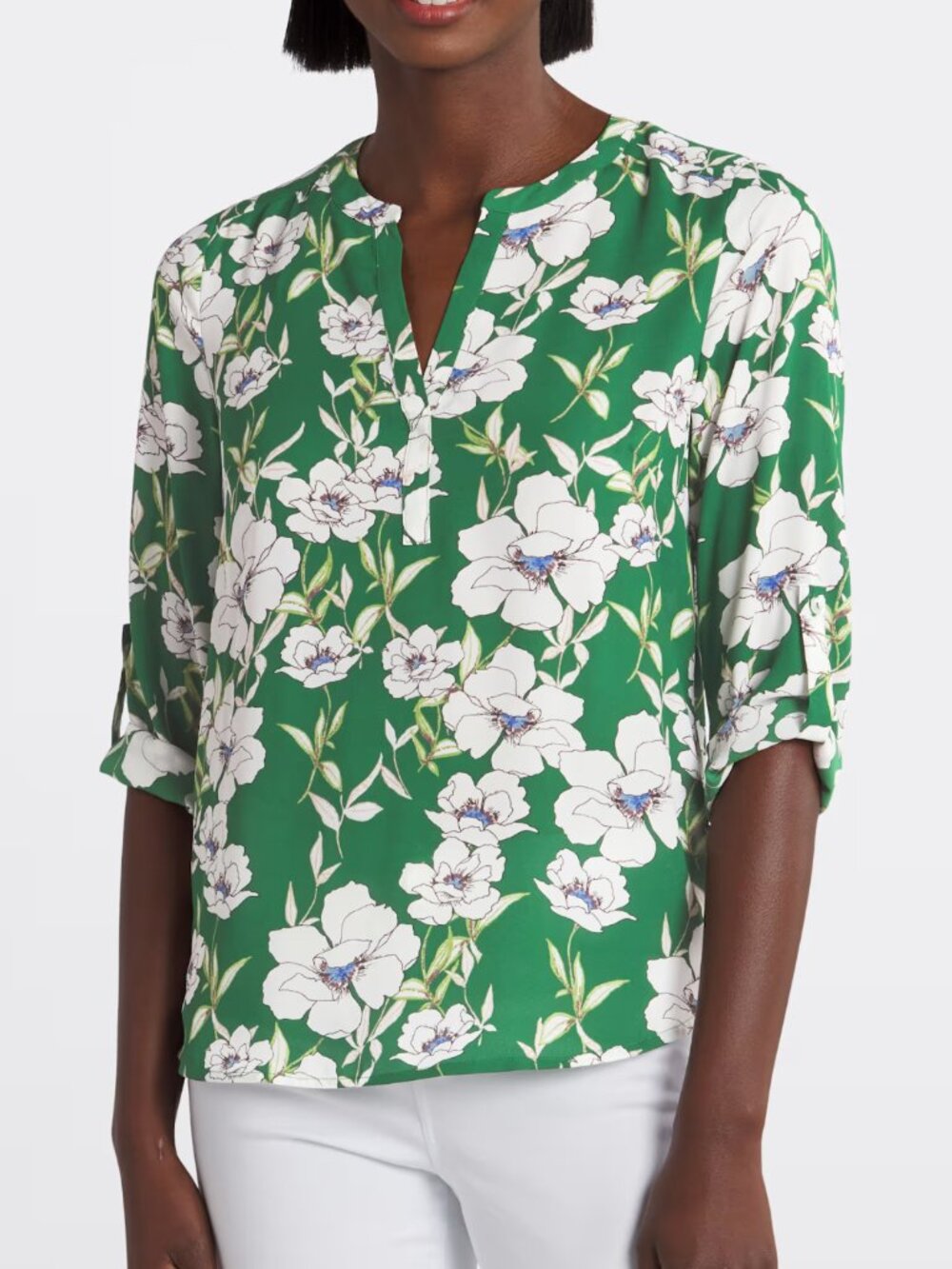 Daniel Rainn Koda Split Neck Blouse Womens L Green Floral Roll Tab Sleeve EUC